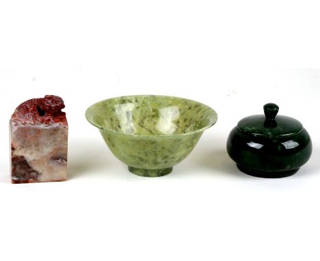 A Chinese jade / hardstone bowl, 10cms (4ins) diameter; together with a New Zealand jade pot and cover, 6.5cms (2.5ins) diame