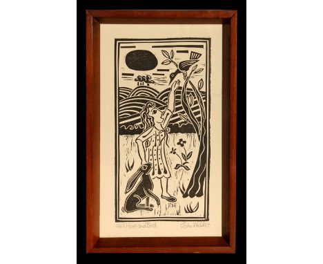 John Walker - Girl, Hare &amp; Bird - woodcut print, signed in pencil to the margin, framed &amp; glazed, 15 by 26cms (6 by 1