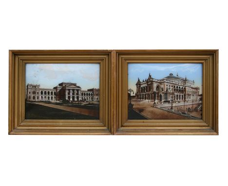 A pair of gilt framed crystoleums depicting architectural scenes, 27 by 21cms (10.5 by 8.25ins).