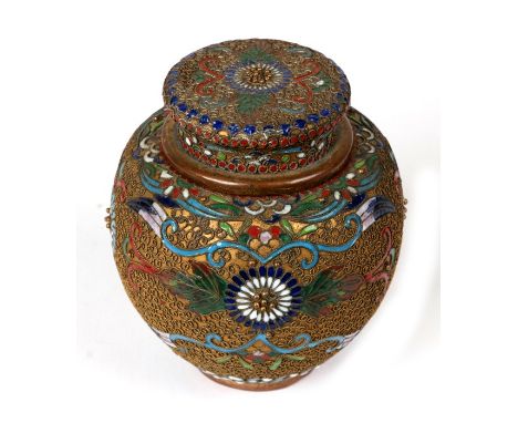 An oriental cloisonné and gilt filigree jar / tea caddy and cover. 9cm (3.5 ins)Condition ReportSmall dent on the upper shoul