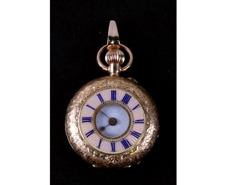 A 14ct gold ladies fob watch with pink enamel chapter ring.Condition Reportvery small chip to the edge of the enamel dial at 