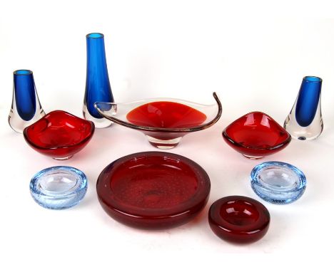 A quantity of Whitefriars art glass bowls and vases to include a Geoffrey Baxter cased bowl with pulled rim (10).Condition Re