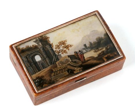 An 18th century burr wood snuff box with tortoiseshell lining and gilt metal mounts, the lid inset with a reverse painted on 