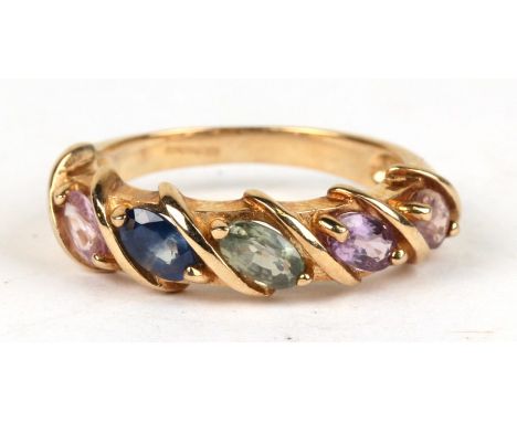 A 9ct gold ring set with five different coloured stones, approx UK size 'N', weight 3.5g.