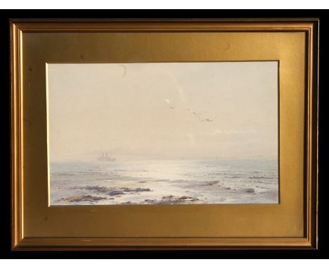 A B Cull - Sun and Haze - seascape with steamship in the distance, signed lower left, watercolour, framed &amp; glazed, 45 by