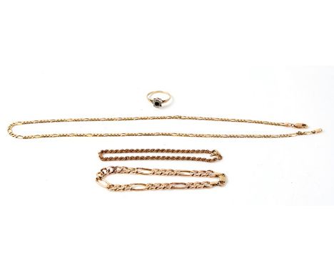 A 9ct gold necklace, two 9ct gold bracelets together with a 9ct gold dress ring. 12g Condition Reportdress ring is missing on