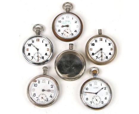 Five military issue open faced pocket watches; together with a pocket watch case.