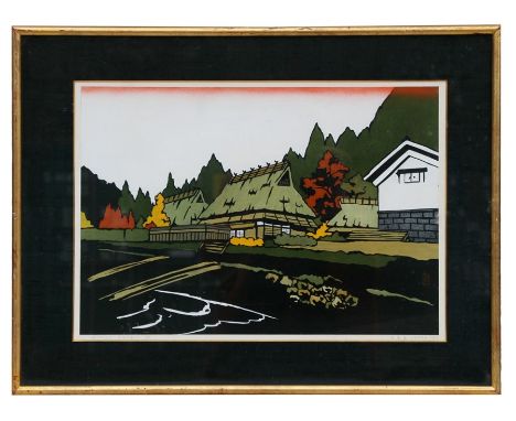 A Japanese woodcut print depicting houses in a landscape scene, indistinctly signed and dated 1980 in pencil to the margin, f