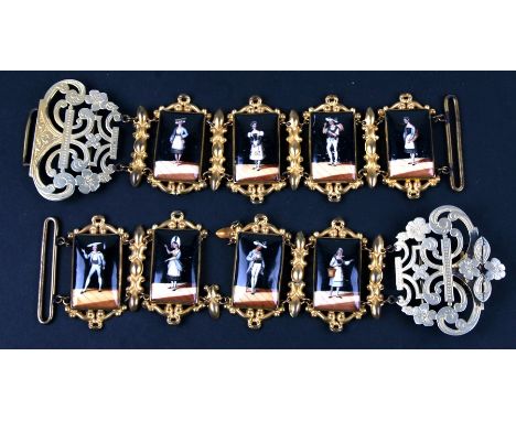 A continental gilt metal and porcelain panel belt with eight rectangular panels decorated with figures.