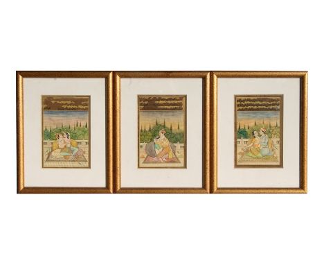 A set of three 19th century Indian illuminated manuscript pages, each depicting a romantic couple, with script to the top, fr