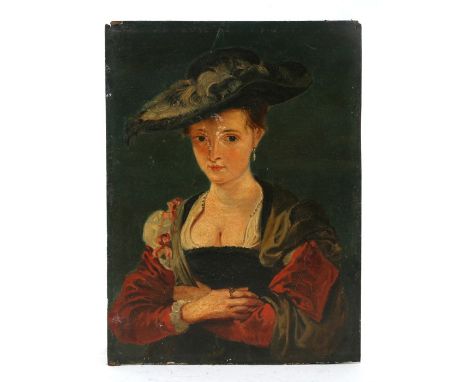 Early 20th century school - Portrait of an Edwardian Lady Wearing a Feathered Hat - oil on board, unframed, 22 by 30cms (8.5 