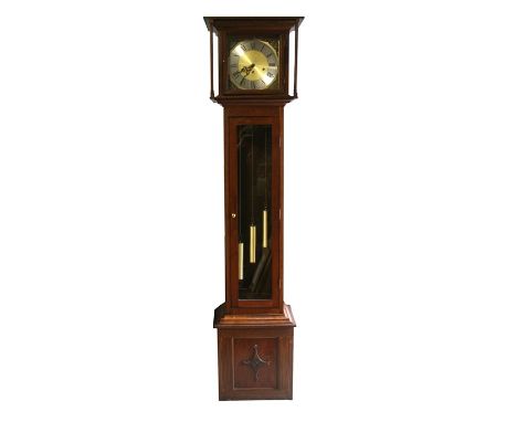 A modern longcase clock fitted with a Westminster chime three-train movement, in a mahogany case, 194cms (76.5ins) high. 