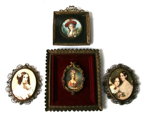 A group of four portrait miniatures, a lady wearing a feathered hat, a lady wearing a pink dress, a young girl with ringlets 