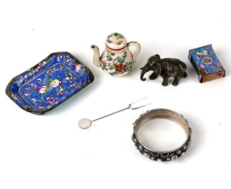 A Japanese Satsuma miniature teapot, 6.5cms (2.5ins) high; together with a Chinese enamel matchbox cover and dish; and other 