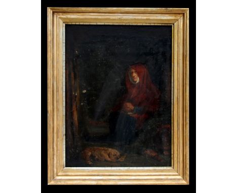 In the manner of Erskine Nicol - Portrait of an Old Woman in a Red Shawl with a Dog at her Feet - oil on panel, framed, 34 by