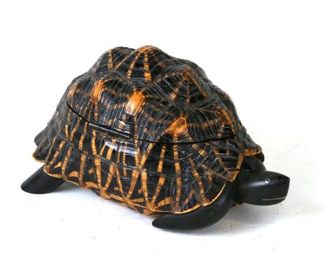 An early 20th century Indian Star Tortoise Box / Tea Caddy, the hinged shell opening to reveal an interior inlaid with variou