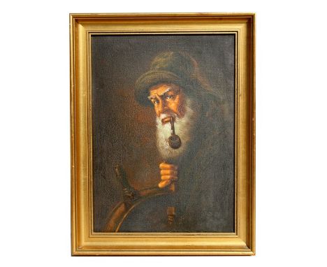 20th century English school - Portrait of an Old Sea Salt Smoking a Pipe - oil on board, framed, 28 by 39.5cms (11 by 15.5ins