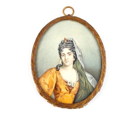 A portrait miniature depicting the Duchess Bourgogne, inscribed to verso, 6.5 by 8cms (2.5 by 3.1ins).
