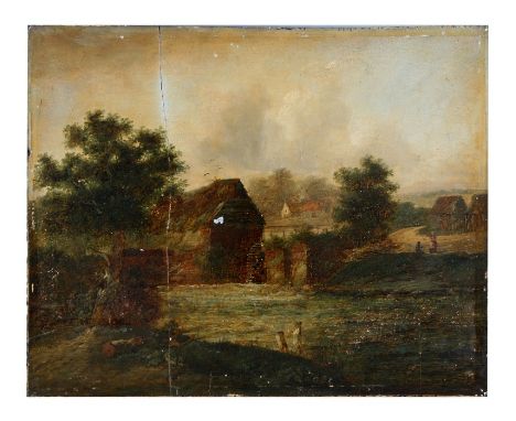 18th / 19th century school - River Mill Scene - oil on mahogany panel, unframed, 51 by 41cms (20 by 16ins).Condition Report
T
