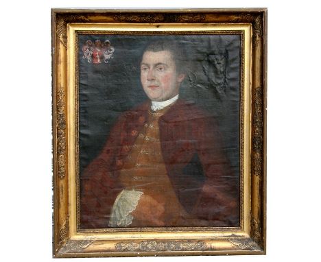 19th century English school - a half length portrait of a gentleman wearing a red velvet coat and having a Coat of Arms in th