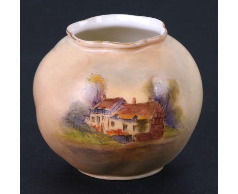 A Royal Worcester blush ivory vase decorated with Anne Hathaway's cottage, 6.5cms (2.5ins) high.