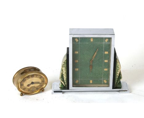A 1930s Art Deco chrome and faux shagreen mantel clock, 15cm (6 ins) high; together with a French brass alarm clock marked 'B