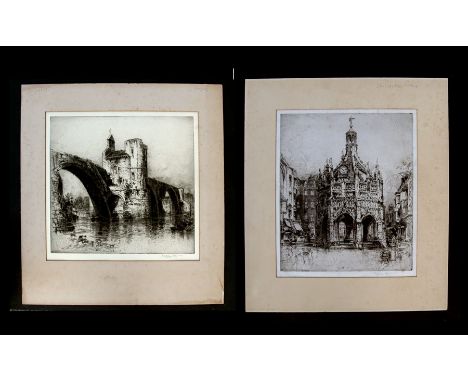 Hedley-Fitton (British 1859-1929) two engravings depicting Chichester Cross and a river bridge scene, both signed in pencil t