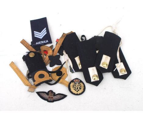 Three pairs of Royal Navy shoulder boards, an Army Air Corps Pilots Badge, together with other Military cloth badges