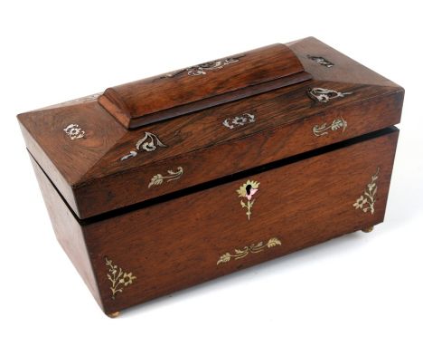 A 19th century mother of pearl inlaid rosewood two division tea caddy of sarcophagus form. 30cm (12 ins) wide