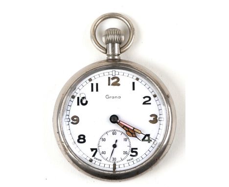 A military issue Grana open faced pocket watch, the white enamel dial with Arabic numerals. numbered M36948 to verso, 5cm (2i