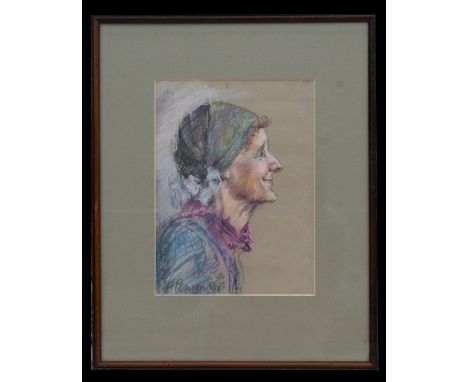 H Penwarden - Head &amp; Shoulder Portrait of a Lady Wearing a Scarf - pastel, signed lower left, framed &amp; glazed, 18 by 