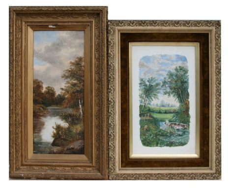 19th century English school - Landscape Scene with Cattle Drinking From a River - oil on panel, 40 by 24cms (15.75 by 8.25ins
