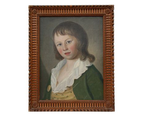 19th century English school - a head and shoulder portrait of a young boy wearing a green jacket and brocade waistcoat, oil o