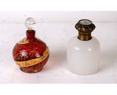 A 19th century French opaline glass perfume bottle, the hinged lid inset with an image of a palace, 10cms(4 ins) high; togeth
