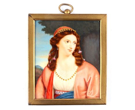 A 19th century portrait miniature depicting a lady wearing an Eastern dress, 7 by 8.5cms (2.75 by 3.25ins).