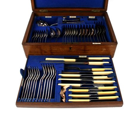 A Walker &amp; Hall oak cased canteen of silver plated cutlery.Condition ReportBox has a horizontal split. missing one mustar
