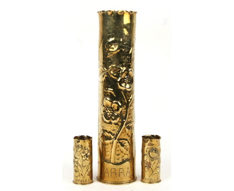 A large trench art shell case decorated with flowers to commemorate the Battle of Arras, 35cms (13.75ins) high; together with