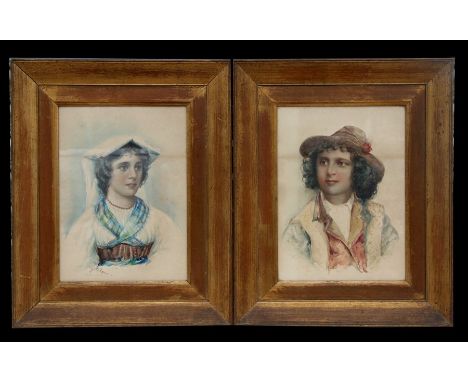 A pair of Italian watercolour portrait paintings, each signed 'Cazzuitis Roma', each framed &amp; glazed, 28 by 39cm (11 by 1