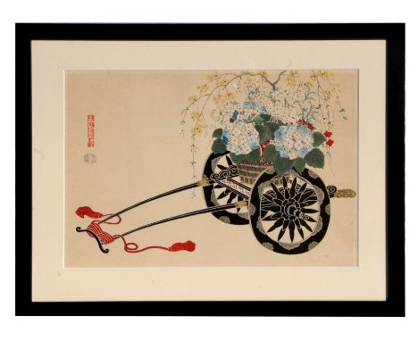 A Japanese Kin-Yu Takeshita coloured woodblock print, framed &amp; glazed, 37 by 25cms (14.5 by 9.75ins).