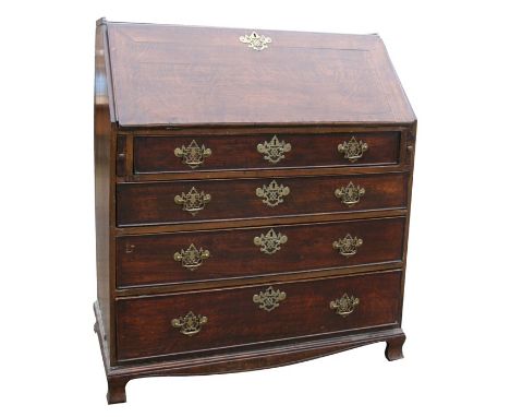 A Georgian oak bureau, the fall front enclosing a fitted interior above four long graduated drawers, on bracket feet, 100cms 