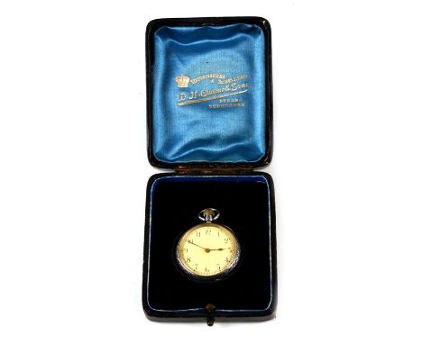 An Omega silver cased open face fob watch, the white enamel dial with Arabic numerals, cased, 3.5cm (1.25 ins) diameter.Condi