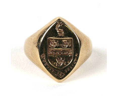 A 9ct gold signet ring with heraldic style crest. Approx. UK size N.  8.3gCondition ReportGood general condition, engraving c