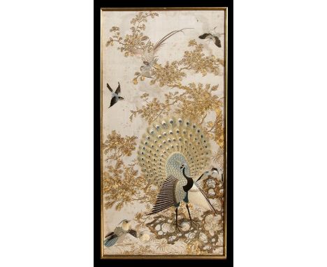 A Chinese silk embroidered and bullion wire panel depicting a pheasant, birds and butterflies amongst foliage, framed &amp; g