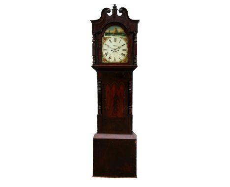 A 19th century longcase clock with a 34cms (13.5ins) square arched painted dial, Roman numerals, subsidiary seconds dial, dat