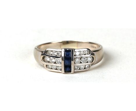 A 9ct white gold sapphire and diamond ring. Approx UK size Q 2.6g