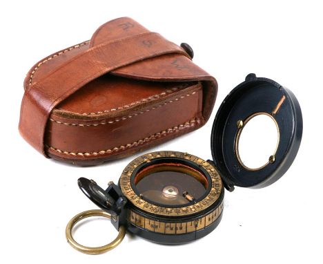 A WWI Leather Cased Barkers Patent Military Handheld Prismatic Compass - Patents 1818/15 103019/16 11002/16Condition ReportTh