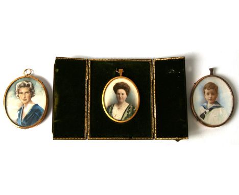 A group of three portrait miniatures, a lady in a blue dress, a lady in a green dress and young sailor boy, the lady in a gre
