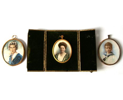 A group of three portrait miniatures, a lady in a blue dress, a lady in a green dress and young sailor boy, the lady in a gre