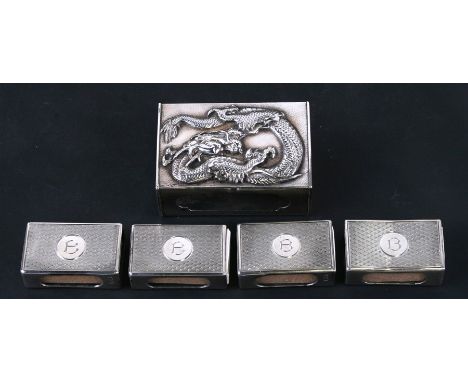 A set of four silver matchbox covers, London 1903; together with a Chinese silver matchbox cover decorated with a dragon (5).