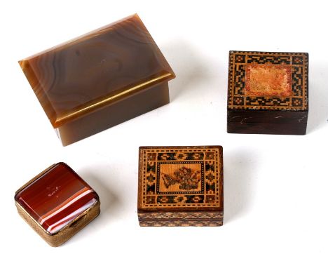 Two 19th century Tunbridge ware stamp boxes together with two agate boxes (4)Condition ReportSmall agate box with two very ti
